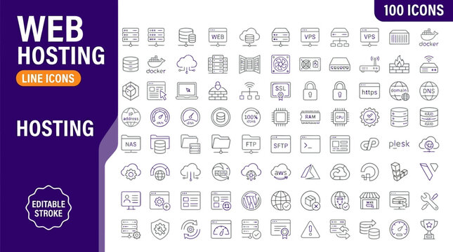 A collection of 100 web hosting line icons with editable stroke , jpg, vector icons file, png,