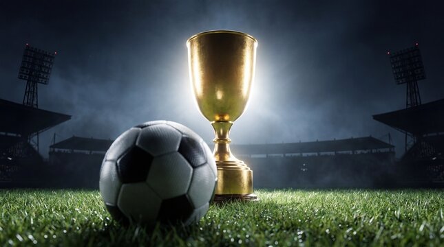 Fifa world cup 2026 soccer ball and golden trophy on lush green grass stadium background fifa world cup 2026