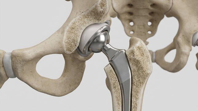 3D illustration of a hip replacement prosthesis in human skeleton anatomy.