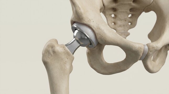 3D Medical Illustration of a Total Hip Replacement Procedure Showing Pelvis and Femur Prosthesis.