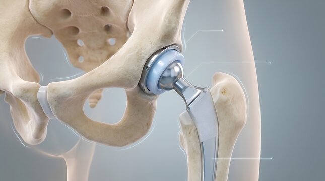 3D medical illustration of a total hip replacement surgery showing prosthetic joint and pelvic bone anatomy.
