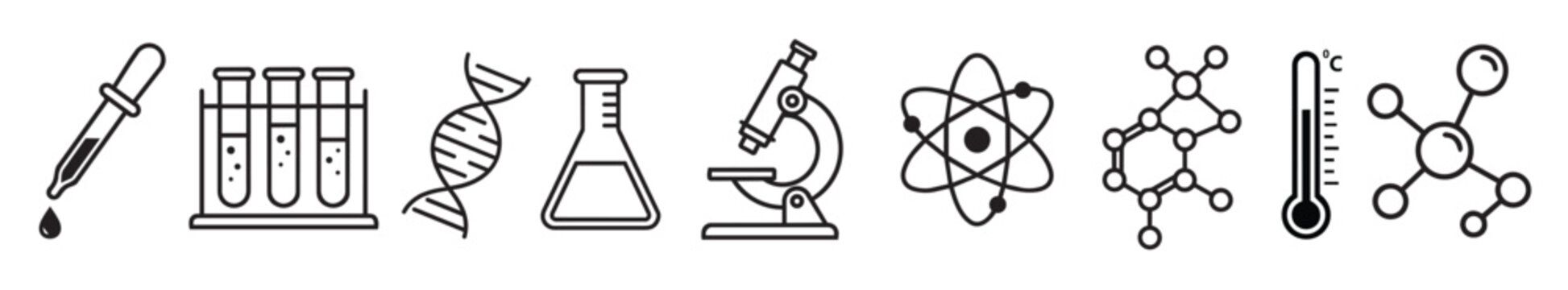Science icons with pipette test tubes dna flask microscope atom vector