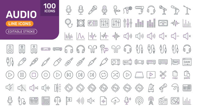 A collection of 100 audio line icons with editable stroke on a white background , jpg, vector icons file, png,