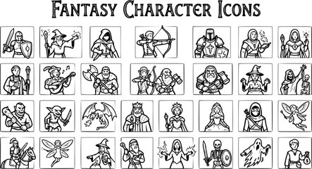 Obraz premium Fantasy Character Icons, Black and White Line Art for Game Design and RPGs