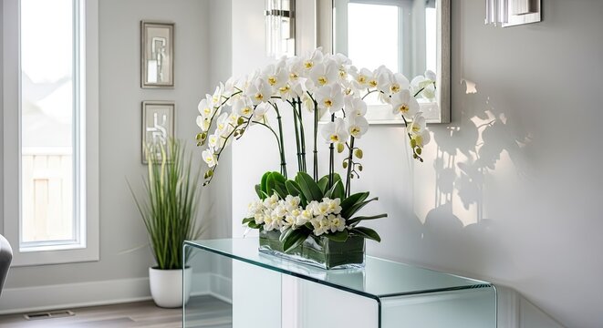 Elegant white orchids on glass console table in bright hallway