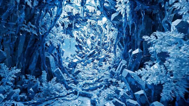 Looping abstract nexus water vein wall formed from frozen icy blue streams and translucent frost textures, cold atmospheric lighting, intricate frozen liquid patterns