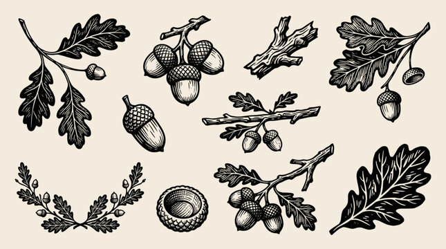 Linocut illustration set of oak branch, leaf, and acorn on cream background, hand drawn woodblock nature element