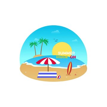 Summer mode on text animation with beach landscape, palm trees, umbrella, and surfboard. Vector flat illustration of a tropical vacation