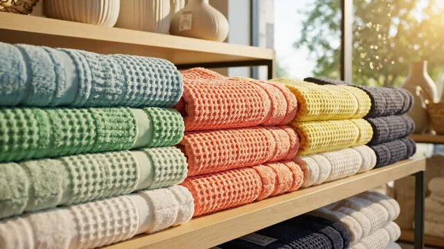 Colorful stacks of waffle-weave bath towels neatly arranged on wooden shelves inside a retail store