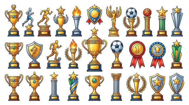 Collection of gold and silver award trophies and medals set on white