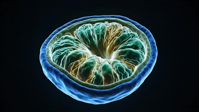 Visual rendering of a cross-section of a mitochondrion organelle depicting its internal structure in a scientific abstract