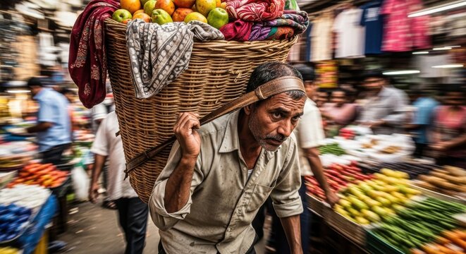 A hardworking vendor carries a large basket overflowing with fresh fruits and vegetables through a bustling market, showcasing the vibrant local trade and daily life