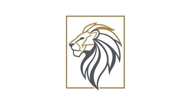Lion Head Illustration in Gold Frame.