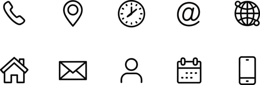 Collection of ten black outline for communication and contact information phone telephone map marker