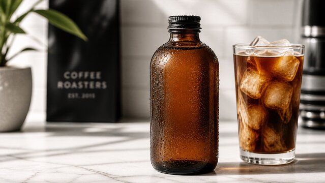 Blank amber glass bottle of cold brew coffee or kombucha next to an iced glass.