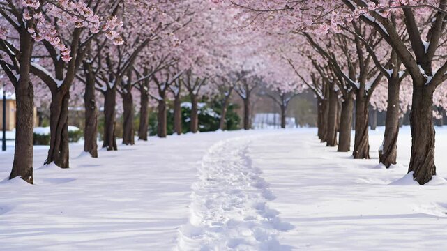 Beautiful cherry blossoms in full bloom during a winter snowfall in a park