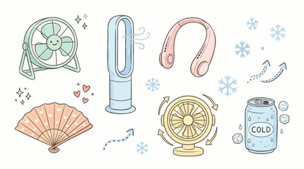 A charming collection of various cooling devices and accessories, including fans, a neck fan, and a cold beverage, all depicted in a cute, illustrated style. © Terra