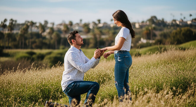 Man proposing marriage to woman in a grassy field, symbolizing love, commitment, and a romantic proposal scene