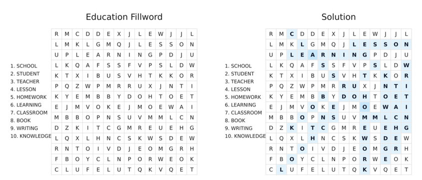 Education word search puzzle for students with answer key and solution included
