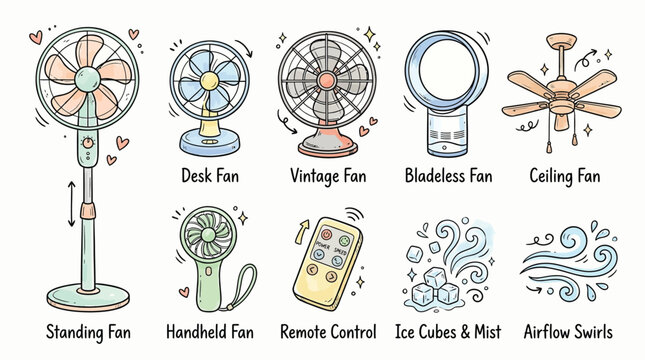 A charming collection of various fan types, including standing, desk, vintage, bladeless, and ceiling fans, alongside a handheld fan, remote control, ice cubes with mist, and airflow swirls.