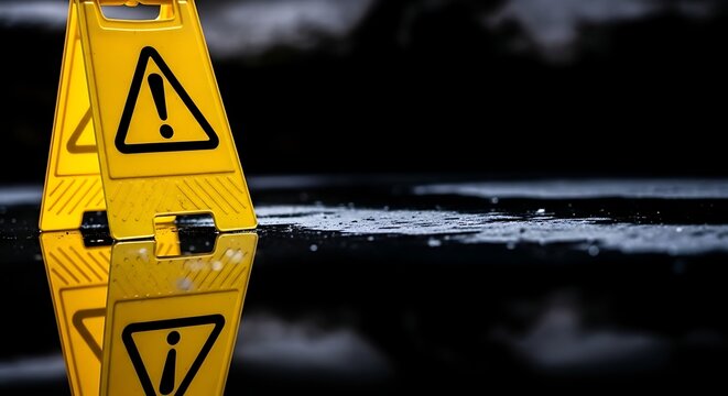 Yellow caution sign with exclamation mark reflecting on wet floor, warning of slippery surface.