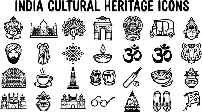 Indian Cultural Heritage Icons Line Art Set. Black and White Outline Vector Symbols of India, featuring Traditional Landmarks, Spiritual Elements, and National Identity.