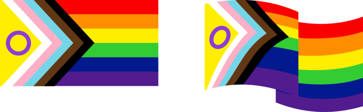 Two progress pride flag designs with intersex circle symbol, comparison between flat rectangular flag and wavy motion banner graphic, lgbtq community inclusion and diversity concepts