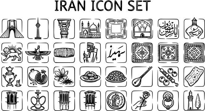 Iran Icon Set Black and White Line Art: Culture, Landmarks, Food, Symbols