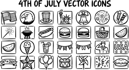 4th of July American Independence Day Celebration Black and White Line Art Vector Icons. Patriotic USA Hand Drawn Symbols and Doodles Set. © victoria