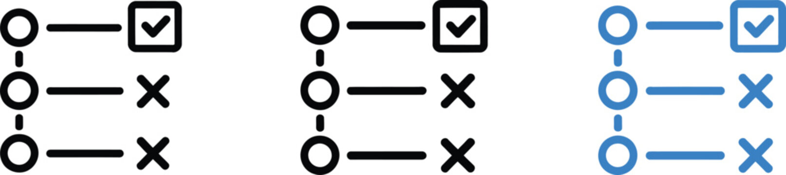 Three vertical lists with checkmark and cross symbols checklist