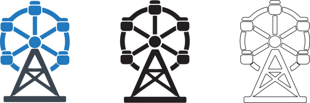 Ferris wheel icon 3 icon concepts colour icon, solid icon, and line art transparent png amusement park carnival editable vector eps collection