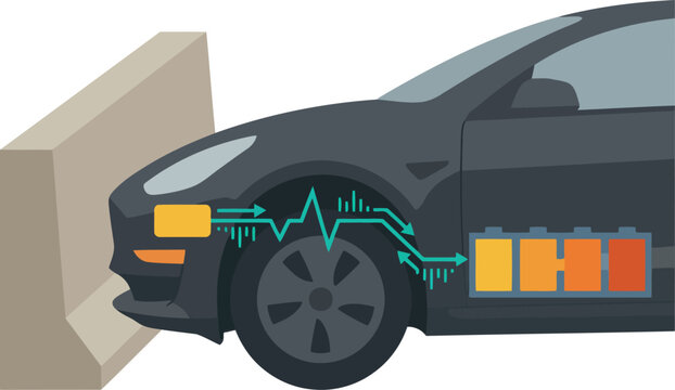 Electric vehicle crash simulation shows immediate battery isolation during impact. Illustrates safety features and sensor technology. Modern, clean graphic.