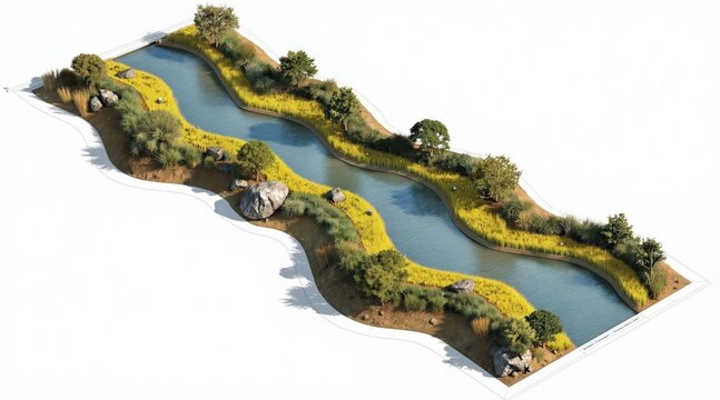 Blueprint shows smart floodplain with natural levees and water control. Eco design project rewilding landscape with plants, rocks, and river. Water management plan for future.