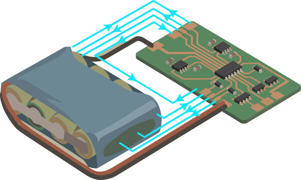 Illustration depicts an integrated BMS battery control system managing a lithium-ion battery pack. Clean, modern design showcases efficient power management. Ideal for tech and energy concepts.