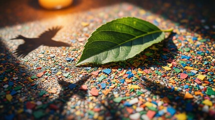 Obraz premium Green Leaf on Colorful Crushed Recycled Plastic Flakes