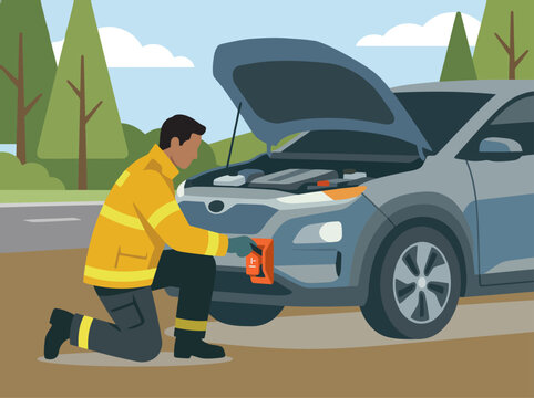 A mechanic repairs a car with a jump starter.  Clear, bright illustration depicting roadside assistance.  Ideal for automotive, emergency, and service themes.