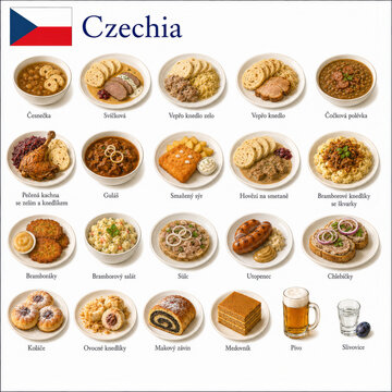  En la imagen se presentan los platos m&aacute;s famosos de la cocina checa como sv&iacute;čkov&aacute;, gulash, knedl&iacute;ky y trdeln&iacute;k.
