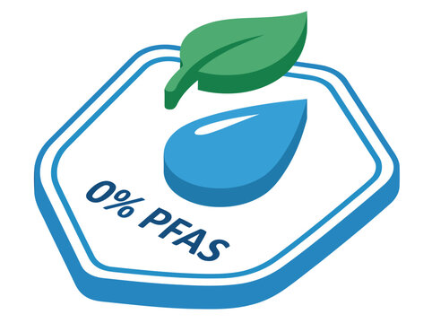Modern, isometric icon showcasing '0% PFAS Free' with a leaf and water droplet. Clean design, blue and green color palette, ideal for eco-friendly branding.