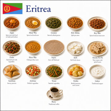  En la imagen se muestran los platos m&aacute;s famosos de la cocina eritrea como injera, tsebhi, sambusa y caf&eacute; eritreo.
