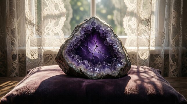Glowing Amethyst Geode on Velvet Pillow by Sunny Window