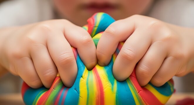 childs hands actively squeezing and playing with vibrant, rainbow-striped playdough, highlighting tactile exploration and creativity.