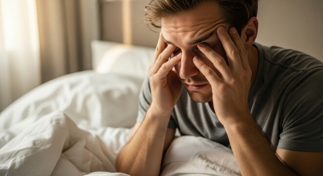 Sleep-deprived man in bed, rubbing his tired eyes, experiencing morning headache, stress, and exhaustion after a restless night