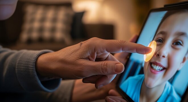 persons hands holding a tablet, showing a happy child on screen during a video call. The image conveys connection and technology use across generations.