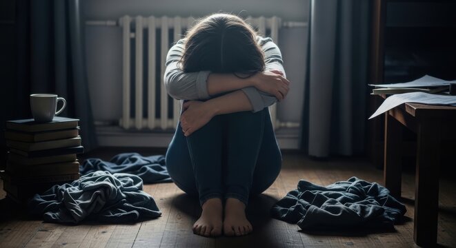 Overwhelmed by profound sadness, a person sits curled on the floor, head hidden in arms, depicting the silent struggle with depression, anxiety, and mental health challenges