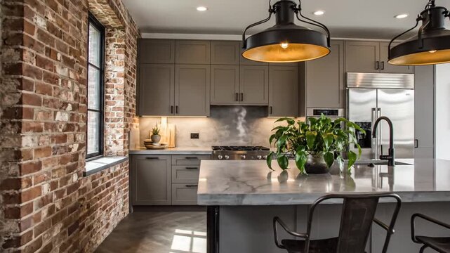 Modern kitchen interior with brick wall island and hanging lights