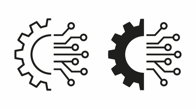 Gear circuit icons set with automation, integration, mechanical digital fusion, technology, engineering, innovation, system, connection