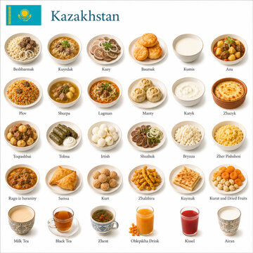  En la imagen se muestran los platos m&aacute;s famosos de la cocina kazaja como beshbarmak, manty, kurt y baursak.
