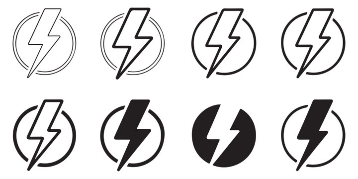 Minimalist lightning bolt logo set enclosed in circular frames showcasing various stroke weights and solid variations for modern branding identity.