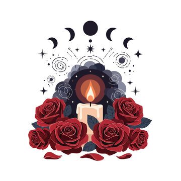 Mystical candle with red roses and celestial elements isolated on white.