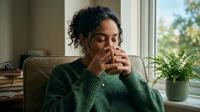 Woman contemplating peaceful thoughts, enjoying soothing beverage, finding personal solace, embracing mindful well-being, seeking emotional tranquility, reflecting quietly, cultivating inner calm.